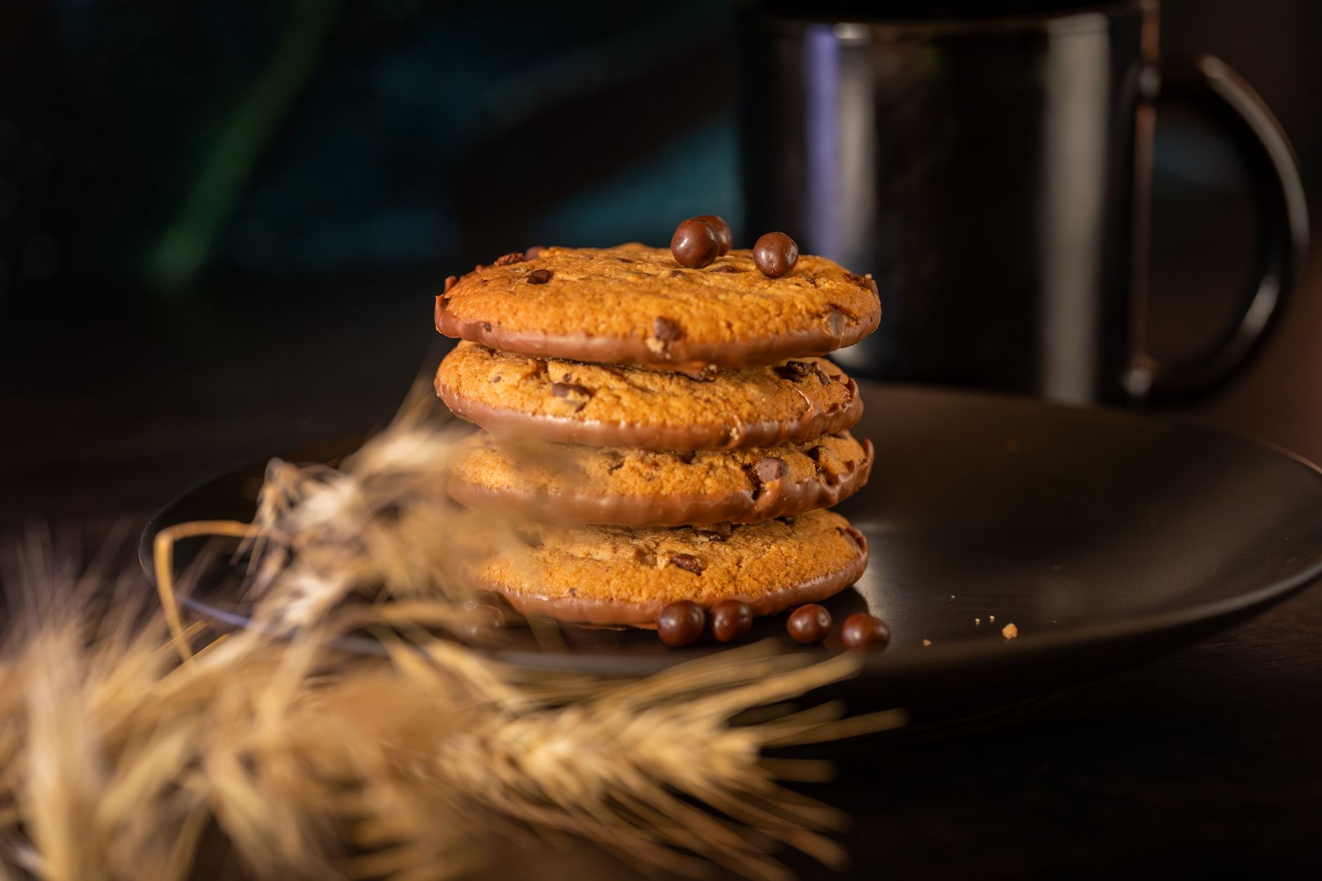 Stack of chocolate chip cookies, playful illustration for a cookie policy page