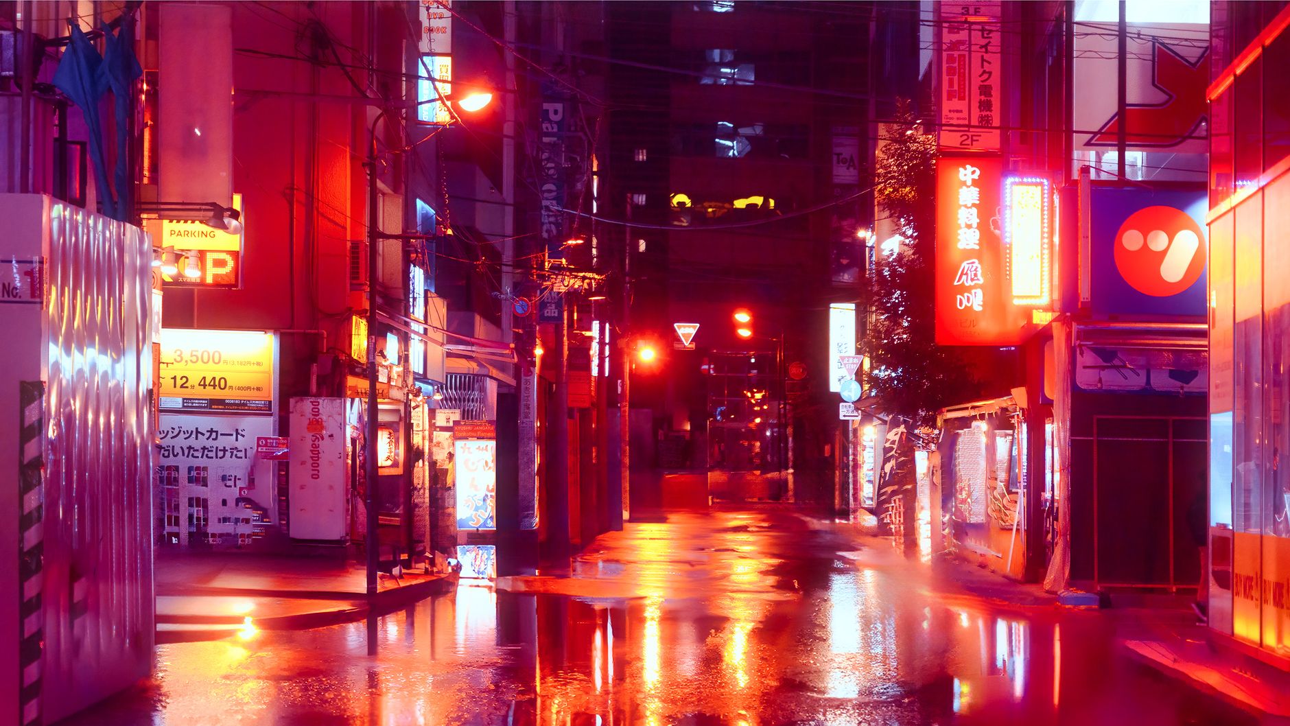 Calles de Tokio de noche con luces de neón, ambiente urbano del anime Mob Psycho 100