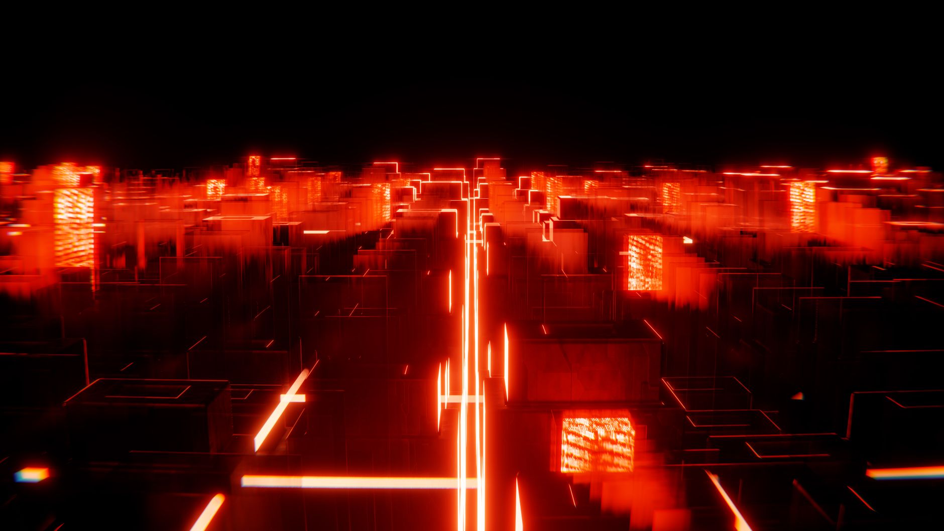 Neon-lit futuristic city, the digital aesthetic that echoes the franchise's virtual worlds