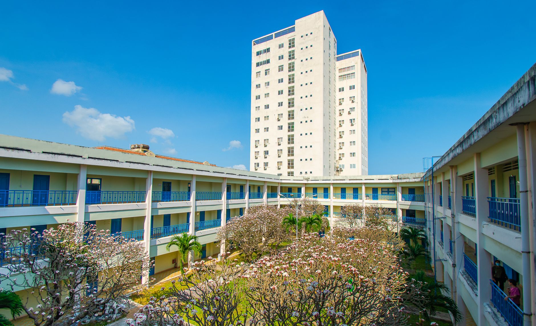 Patio de un instituto japonés con edificios tradicionales, el tipo de campus en el que se ambienta la Escuela de Hechicería de Tokio en Jujutsu Kaisen